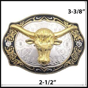 Western Belt Buckle, Rodeo, Longhorn, Ranch, Silver & Gold, NWOT, fits 1.5" belt